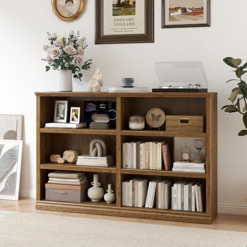 blini Low Horizontal Bookshelf Double Wide Bookcase 64" 3-Tier Book Shelf 6 Cube Storage Organizer Vintage Oak Wooden Bookcases for Bedroom and Home Office Decor Display - color: Vintage Oak, size: 3-shelf