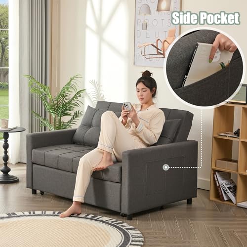 GOSUHI 52" 3-in-1 Convertible Sleeper Sofa Bed, Linen, Dark Gray | Pull-Out Bed, Stepless Adjustable Backrest, Side Pocket, Compact Loveseat, Living Room, Dorm & Apartment - color: Dark Gray