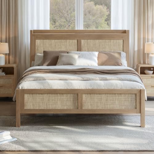 Evermagin Rattan Bed Frame Queen Size with Woven Headboard, Natural Oak | Boho Queen Platform Bed with Charging Station, Noise Free Wicker and Wood Queen BedFrame for Bedroom, No Box Spring Needed - color: Natural Oak