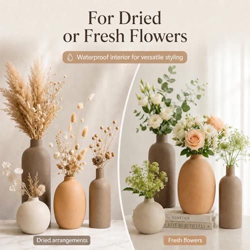 Ceramic Vase Set of 4 – Handmade Modern Minimalist Vases for Dried or Fresh Flowers, Matte Decorative Neutral Vases for Living Room, Table, Shelf & Entryway