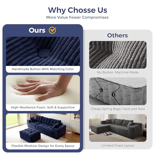 MAXYOYO Boneless Couch, 96-Inch L-Shaped Cloud Couch with Ottoman | Navy Layered Cushioning and Flexible Modules Create an Upholstered Sofa in a Box with No Assembly for Spacious Living Rooms. - color: Navy, size: 96" L Shape