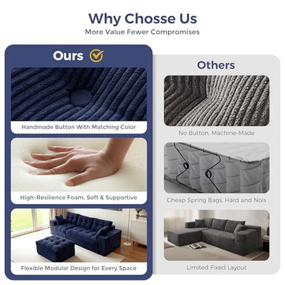 MAXYOYO Boneless Couch, 96-Inch L-Shaped Cloud Couch with Ottoman | Navy Layered Cushioning and Flexible Modules Create an Upholstered Sofa in a Box with No Assembly for Spacious Living Rooms. - color: Navy, size: 96" L Shape