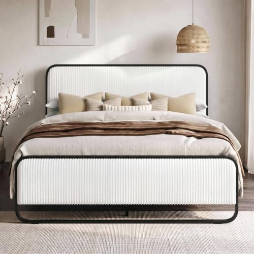 SHA CERLIN Full Size Metal Bed Frame with Upholstered Headboard, White | Curved Upholstered Headboard and Footboard, Large Under Bed Storage, No Box Spring Needed - color: White, size: Full