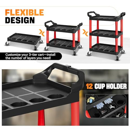 Auto Dynasty 3-Tier Rolling Cart with Cup Holders, 120kg Capacity, Black | 120 Kg/260 Lbs Capacity, 3-Tier Storage w/Cup Holders, Rolling Wheels for Easy Mobility, for Home/Garage/Warehouse/Workshop - style: with Cup Holders