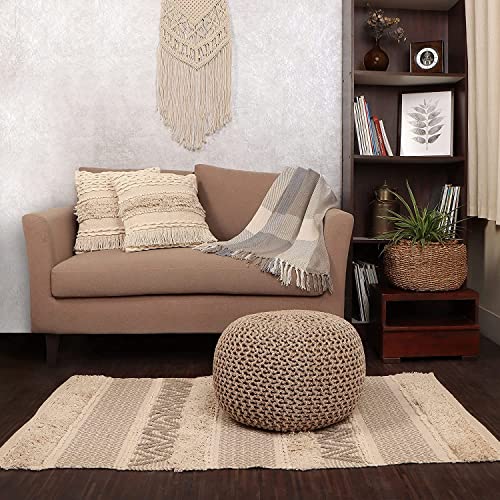 · REDEARTH · Round Pouf Ottoman - Hand Knitted Boho Poof - Beige Ivory | 100% Cotton, 19.5"x19.5"x14"; Doubles as Footstool, Foot Rest; Great for Living Room, Bedroom, Nursery, Patio, Dorm, Lounge - color: Beige Ivory, size: 19.5"D x 19.5"W x 14"H