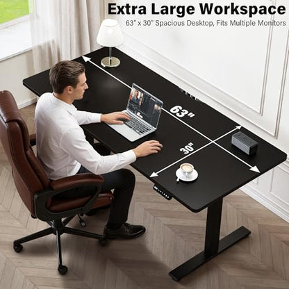 Electric Standing Desk, 63 x 30 Inch, Classic Black | Extra Large Desktop, Adjustable Height, Sit to Stand, Home Office Workstation, Supports Dual & Triple Monitor - color: Classic Black