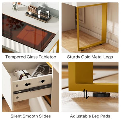 Tribesigns Vanity Desk with Glass Top, 4 Drawers Makeup Vanity Table | Modern Makeup Dresser Desk, White Gold Vanities with Visual Drawer for Bedroom