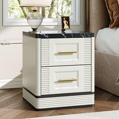 RECHHX Small Dresser for Bedroom, Farmhouse Marble-Effect Nightstand with 2 Drawer for Narrow Spaces, Thermoformed Curved End Table for Bedroom, Living Room, White
