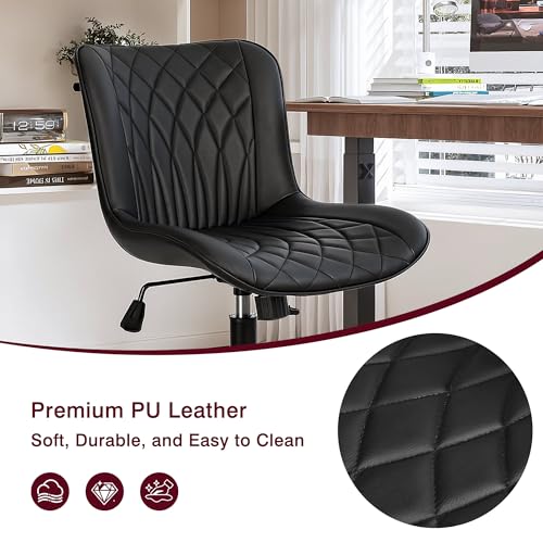VECELO Mid-Back Desk Chair with Adjustable Height, PU Leather Makeup Vanity Chair with Wheels, Armless Space-Saving Task Chair, for Home Office, Black