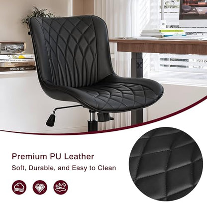 VECELO Mid-Back Desk Chair with Adjustable Height, PU Leather Makeup Vanity Chair with Wheels, Armless Space-Saving Task Chair, for Home Office, Black