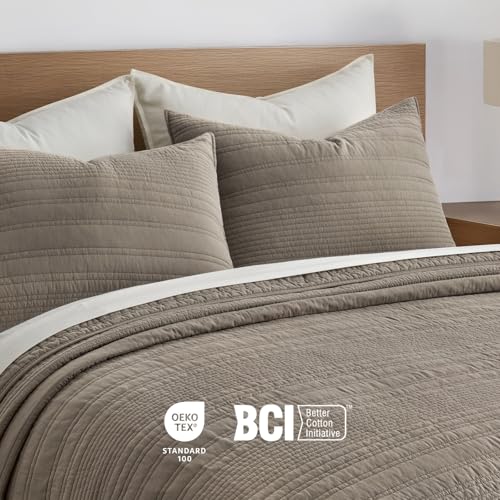 EVERGRACEHOME 100% Cotton Modern Lines Quilt Set Queen Size, Stone Taupe | Pre-Washed Soft Cotton, Striped Coverlet Bedspread, 3 Piece Lightweight Bedding Set for All Season, with 2 Pillow Shams - color: Stone Taupe, size: Full/Queen (92" X 92")