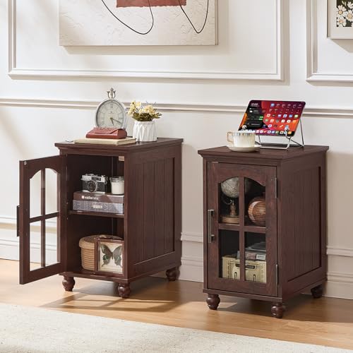 Narrow Side Table Set of 2, Farmhouse Nightstand with Charging Station | End Tables with Glass Barn Door, Cabinet Organizer with Adjustable Shelf, Night Stand for Small Spaces Living Room Bedroom - color: Retro Walnut, size: Set 2