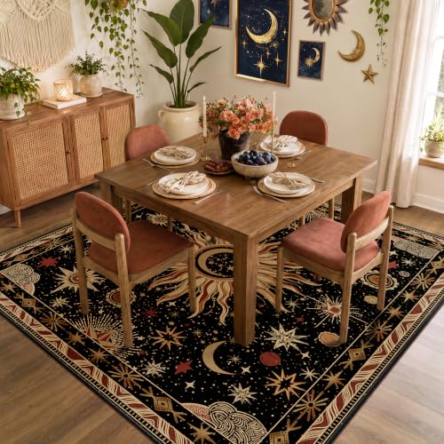Vacuum-Friendly, Square 8ft Washable Area Rug, Black Gold Beige Red | Sun and Moon Boho Gothic Non-Slip Low Pile Living Roon Bedroom Dining Room Kitchen Entry Entryway Entrance Hallway Doormat - color: Black/Gold/Beige/Red, size: 8' x 8' (Square)