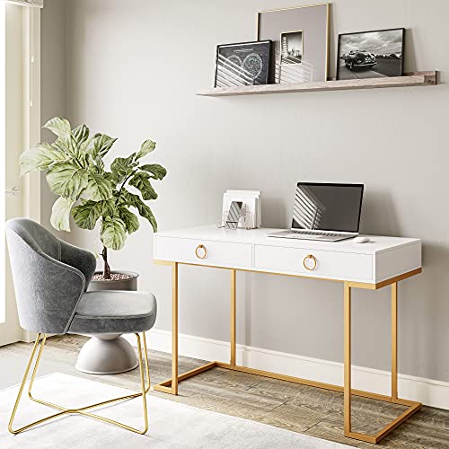BELLEZE Vanity Desk with 2 Drawers, 45 Inch Computer Desk Mordern Vanity Makeup Dressing Table Home Office Desk Laptop Study Writing Table with Gold Metal Frame, White - color: White, size: 45" L Shape