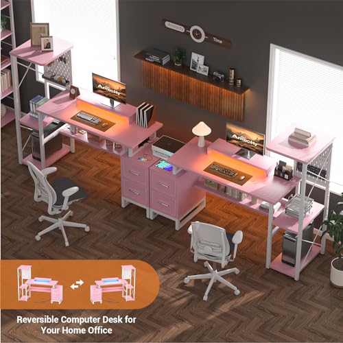 Computer Desk with 2 Fabric Drawers - Reversible Home Office Desk with Power Outlet & LED Lights, 53" Writing Desk with Monitor Stand & Storage Shelves, Gaming Desk Study Table with Pegboard, Pink - color: Pink