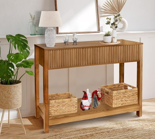 Fluted Console Table with Storage, 48" Long Entryway Slim Sofa Table Behind Couch Entry Tables, Narrow Wood Hallway Modern Living Room Couch Foyer Entrance Tables Brown - color: Brown-4 Legs