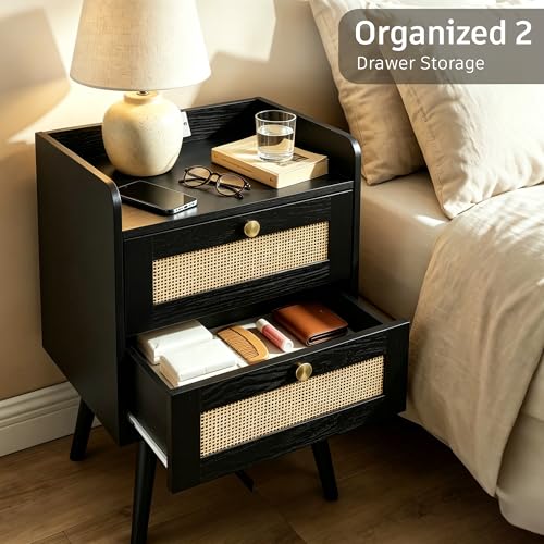 Rattan Nightstands Set of 2, Boho Bedside Table with 2 Drawers | Nightstands Set of 2 with Charging Station, Open Storage End Tables for Bedroom, Small Spaces and Dorm, Solid Wood Legs,Black - color: Black