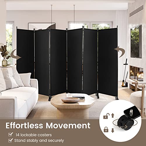 NAFORT 6 Panel Folding Room Divider for Room Separation, Freestanding Privacy Screen with Lockable Universal Wheels, Fabric Wall Partition Screen for Living Room, Bedroom, Office, Black - color: Black
