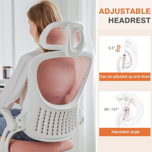 Sweetcrispy Computer Desk Chair, Mesh Office Chair with Lumbar Support | Ergonomic High-Back, Rolling Work, Adjustable Headrests, Flip-up Arms, Home Bedroom Study, Pink - color: Pink, style: Flip-up Armrest