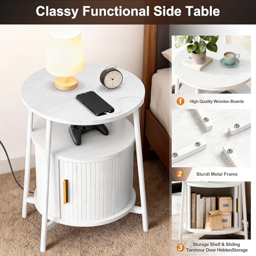 DHH Round End Tables Set of 2 & Charging Station, Fluted Accent Side Table with Sliding Door, Mid-Century Modern Nightstand Set of 2 for Small Space Storage, Living Room, Bedroom,Sofa Couch(2, White) - color: Grayish White