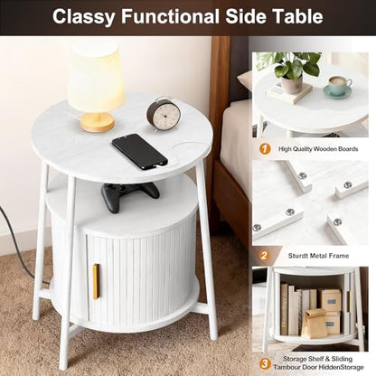 DHH Round End Tables with Charging Station, Fluted Accent Side Table with Sliding Door, Mid-Century Modern Nightstand for Small Space Storage, Living Room, Bedroom,Sofa Couch(1, White) - color: Grayish White