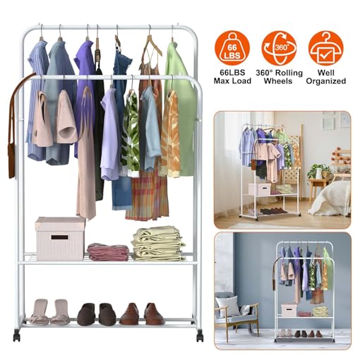 Double Rod Garment Rack with Wheels, Heavy Duty Clothing Racks for Hanging Clothes, Multi-functional Rolling Clothes Organizer, Portable Clothes Rack - size: 19.7"D x 31.3"W x 62.6"H