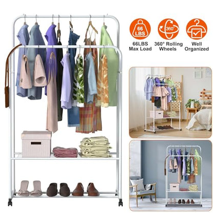 Double Rod Garment Rack with Wheels, Heavy Duty Clothing Racks for Hanging Clothes, Multi-functional Rolling Clothes Organizer, Portable Clothes Rack - size: 19.7"D x 31.3"W x 62.6"H