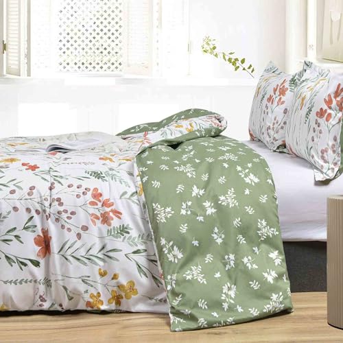 Twin Size Comforter Set, White Yellow Floral, Green Leaf Pattern Print Reversible Down Alternative Bed Sets - 68 x 90 2PC Soft Microfiber Flower Duvet Vintage Farmhouse Bedding in a Bag for Women Men - color: White Yellow Floral Comforter Set, size: Twin