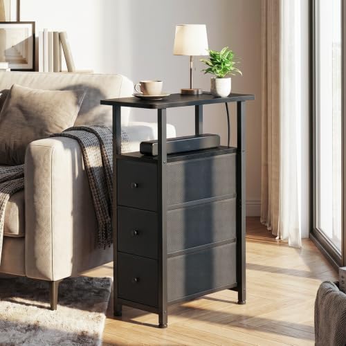 Narrow End Table with Charging Station, Small Nightstand | Skinny Side Tables Living Room with 3 Fabric Drawers, Slim Bedside Table for Bedroom, Small Spaces, Couch, Black - color: Black, size: 27.55''H (3 Drawers), style: Power