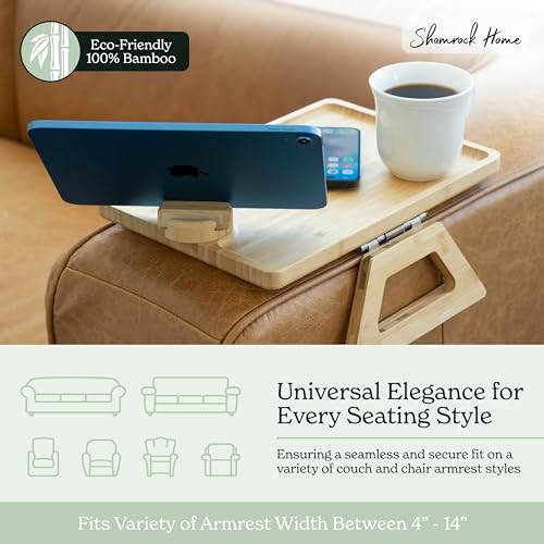 Bamboo Couch Arm Table with Device Holder, Clip On Tray. for TV Dinners, Remotes, Drinks, Snacks and Small Spaces (Rectangular with Device Holder, Beige, Regular 13.75 x 9.5) - color: Beige, size: Regular 13.75 x 9.5", style: Bamboo Rectangular with Devic