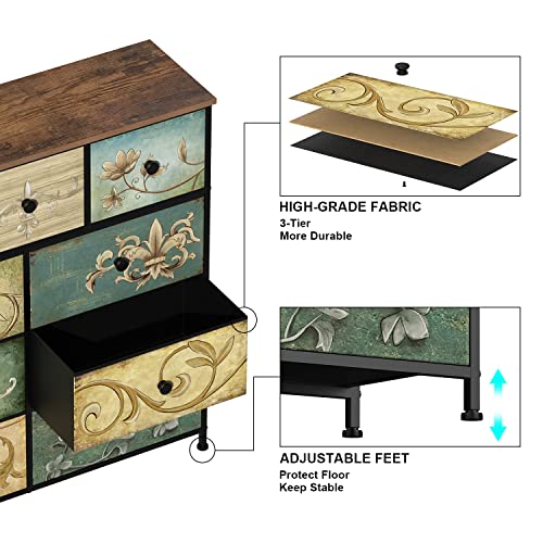Dresser with Drawers for Bedroom Chest of Drawers Fabric Dresser for Closet,Nursery Entryway Hall Tree TV Stand for Living Room Retro Floral Pattern Drawers Wooden Top (9 Drawers) - size: 11.8"D x 39"W x 39.4"H (9 Drawers)