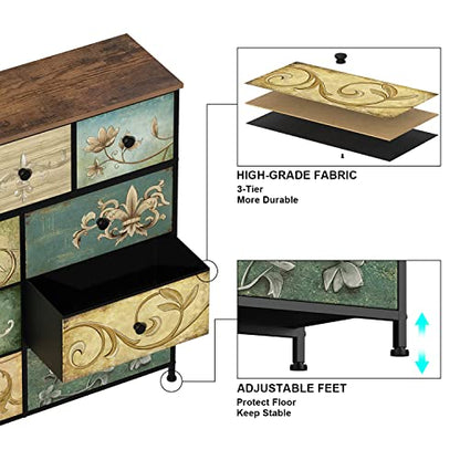 Dresser with Drawers for Bedroom Chest of Drawers Fabric Dresser for Closet,Nursery Entryway Hall Tree TV Stand for Living Room Retro Floral Pattern Drawers Wooden Top (9 Drawers) - size: 11.8"D x 39"W x 39.4"H (9 Drawers)