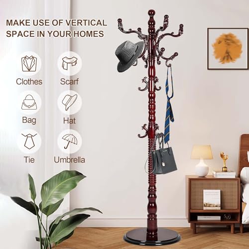 Wooden Coat Rack Freestanding with 18 Hooks, Adjustable Height Coat Tree Free Standing Heavy Duty for Entryway, Easy Assembly Solid Wood Sturdy Coat Hats Hanger Stand for Office Hallway Bedroom - color: Redwood-Resin Hook