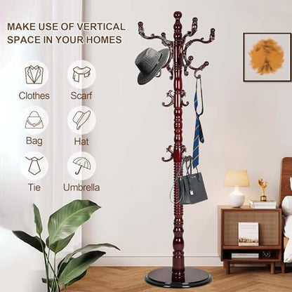 Wooden Coat Rack Freestanding with 18 Hooks, Adjustable Height Coat Tree Free Standing Heavy Duty for Entryway, Easy Assembly Solid Wood Sturdy Coat Hats Hanger Stand for Office Hallway Bedroom - color: Redwood-Resin Hook