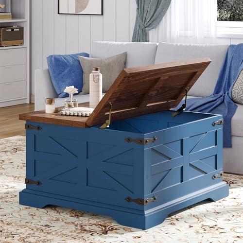 VVFLU Blue Coffee Table with Storage, Farmhouse Square Center Table with Walnut Top for Living Room, Hinged Lift Soft Close, Large Hidden Storage, Modern Metal Corner, Blue Wood - color: Blue Wood