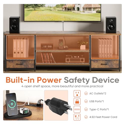 DUMOS 63" TV Stand with Fabric Drawers for 65 70 75 Inches TV | Entertainment Center and Industrial TV Console Table with Open Storage Shelves for Living Room, Bedroom, Rustic Brown - size: 63.0 Inch