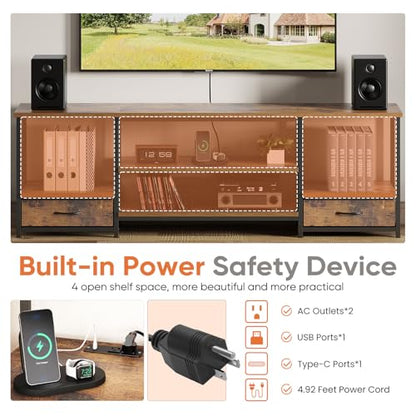DUMOS 63" TV Stand with Fabric Drawers for 65 70 75 Inches TV | Entertainment Center and Industrial TV Console Table with Open Storage Shelves for Living Room, Bedroom, Rustic Brown - size: 63.0 Inch