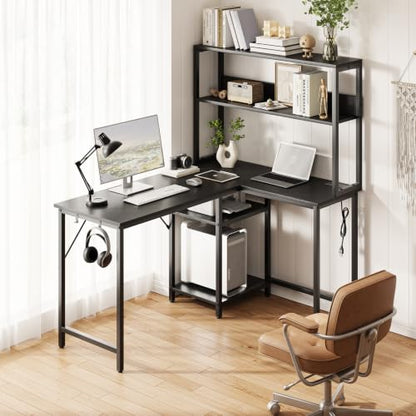 Sweetcrispy 43" Computer Desk, L Shaped Corner Gaming Desk, Power Outlet | Reversible Corner Computer Table, Adjustable Shelf CPU Stand, CPU Stand Hook, Home Office, Black - size: 43 Inch