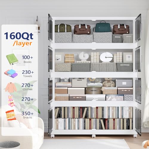 160Gal Extra Large Stackable Storage Bins with Lid, 640QT Foldable Collapsible Storage Box with Doors and Wheels, Plastic Closet Organizers Container Drawer for Bedroom Dorm Kitchen, 4Pack - size: 40Gal-4Pack