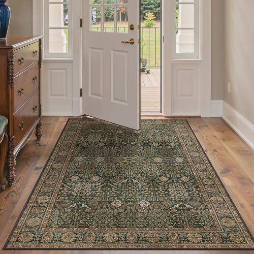 4x6 Washable Area Rug for Living Room, Dark Green Brown | Vintage Distressed Floral, Spill Resistant, Lightweight Low Pile Non-Shedding Carpet for Bedroom, Dining Room and Office - color: Dark Green Brown, size: 4' x 6' (Rectangular)