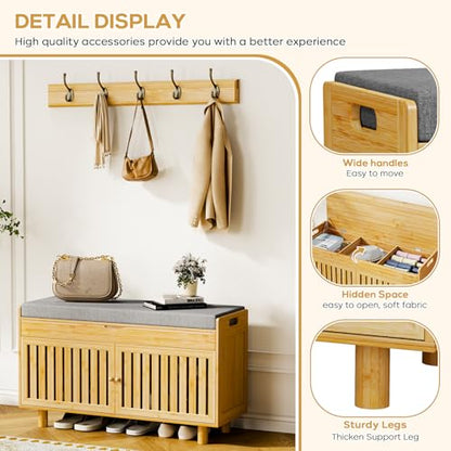 Shoe Storage Bench Coat Rack Set, 35.4" Bamboo Hall Tree Entryway Bench | Shoes Bench with Lift Top Hidden Storage & Wall Hooks, 2-Tier Shoe Cabinet with Seat Cushion for Foyer, Hallway, Natural - color: Natural With Hooks