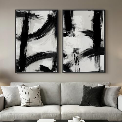 Framed Black and White Abstract Wall Art Set of 2 for Living Room, Large Mid Century Modern Canvas Artwork for Walls, Contemporary Minimalist Ink Painting Print Wall Decor for Bedroom Office, 24x36 In - color: Black and White, size: 24" W x 36" H x 2Pcs