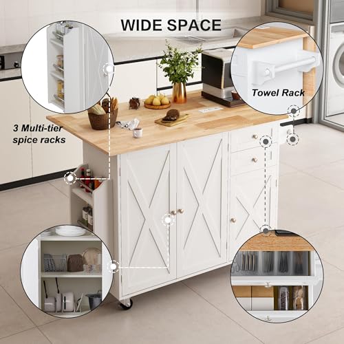 50.4" Kitchen Island with Drop Leaf & Power Outlet, Farmhouse Rolling Island Cart with 3 Spices Shelves on Wheels, Mobil Kitchen Island Table with Rubberwood Countertop Towel Rack, White - color: White, size: 3 Spice Shelves