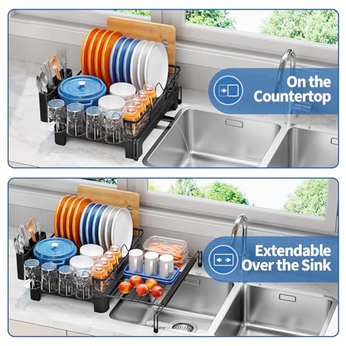 TOOLF Expandable Over The Sink Dish Drying Rack for Kitchen Counter, Black | Extend 12.56"-23.97"L,Stainless Steel & PP,Cups & Cutting Board Holder,Removable Utensil Holder,Adjustable Feet Fit Most Sink - size: 1-Tier(Side Extension)