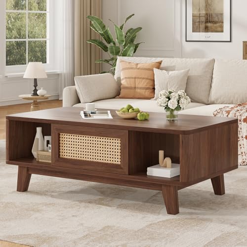 Coffee Table, Mid Century Living Room Tables with Storage, Modern Square with Rattan Drawer, Wooden Living Room Table with Solid Wood Leg - color: Dark Walnut