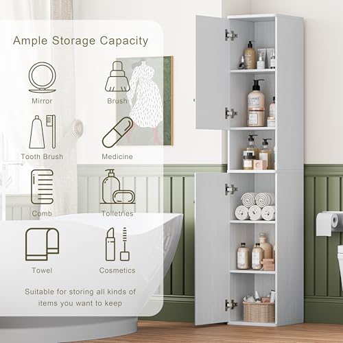 64" Narrow Bathroom Storage Cabinet with Adjustable Shelves and Drawer | 6-Tier Tall Slim Storage Cabinet,Anti-Tip Kit Included,Freestanding Cupboard for Small Spaces, Hallway,White