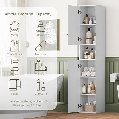 64" Narrow Bathroom Storage Cabinet with Adjustable Shelves and Drawer | 6-Tier Tall Slim Storage Cabinet,Anti-Tip Kit Included,Freestanding Cupboard for Small Spaces, Hallway,White