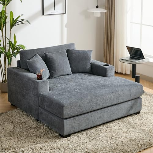 Modern Indoor 55" Oversized Chaise Lounger, Chenille Fabric Sofa Couch with Pillows, Armrest Cup Holders, Removable Washable Covers, Reclining Sleeper Chair for Living Room,Office (Blue Gray,55") - color: Blue Gray,55"