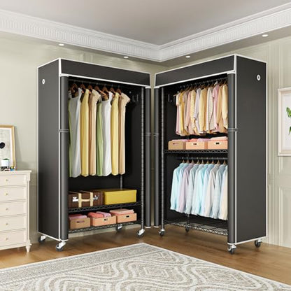 Clothing Rack with Cover, P1C Rolling Closets with Wheels | Metal Garment Rack for Hanging Clothes, Clothing Storage Wardrobe with Cover - color: Black Rack With Black Cover