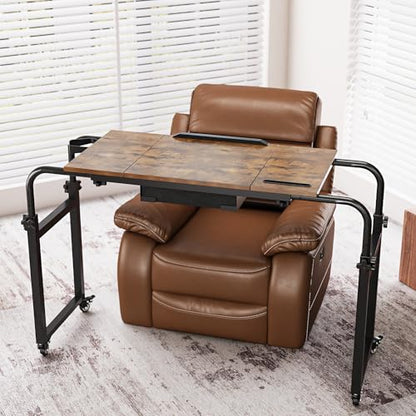 GiftGo Overbed Table with Wheels Rolling Laptop Desk Cart Table for Recliner Over Chair Adjustable for Hospital and Home Use Over The Bed Table with Storage Drawer and Cup Holder (Rustic Brown) - color: Rustic Brown